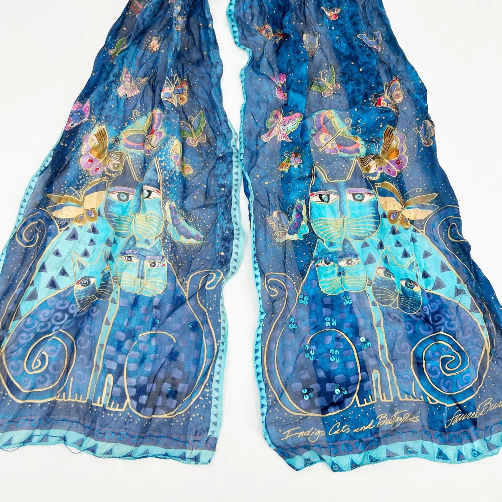 Bundle Lot (2) Laurel Burch & Unbranded 100% Silk Scarves Cats Butterflies Pink - Image 6