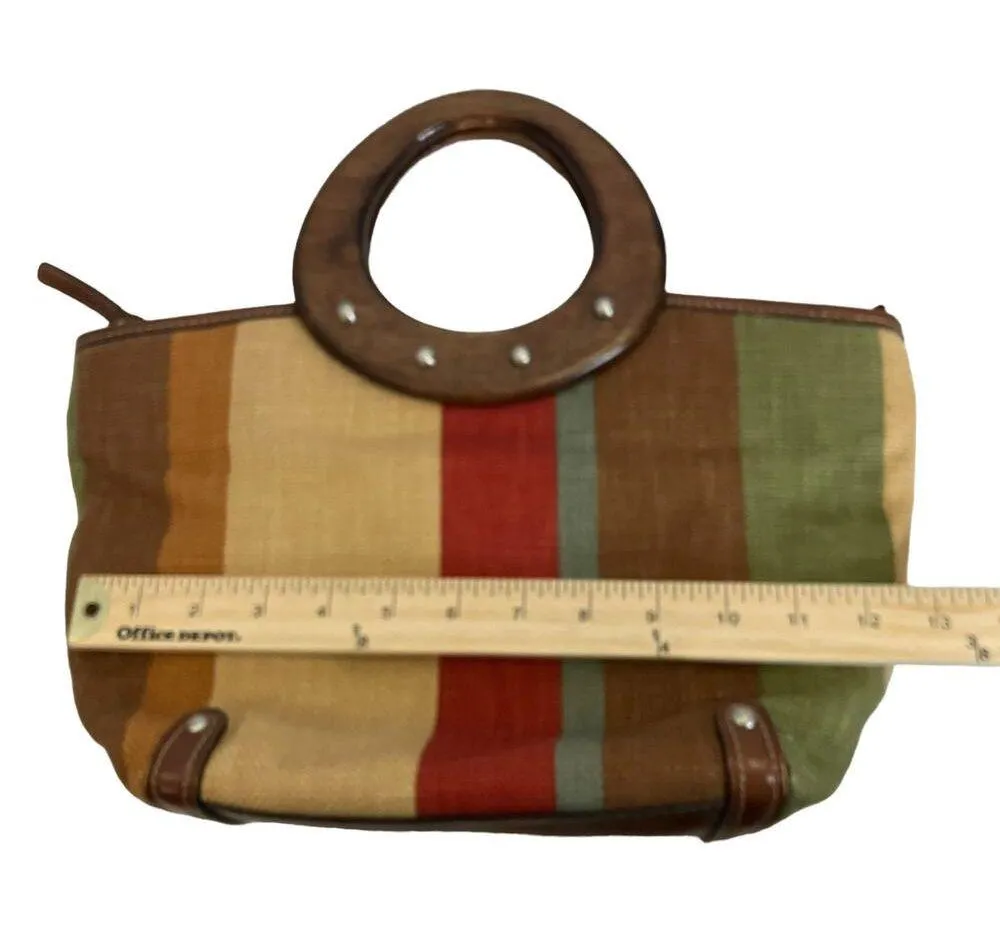Fossil Multi Colored Striped Leather Trim Wood Handle Satchel Purse - Image 11