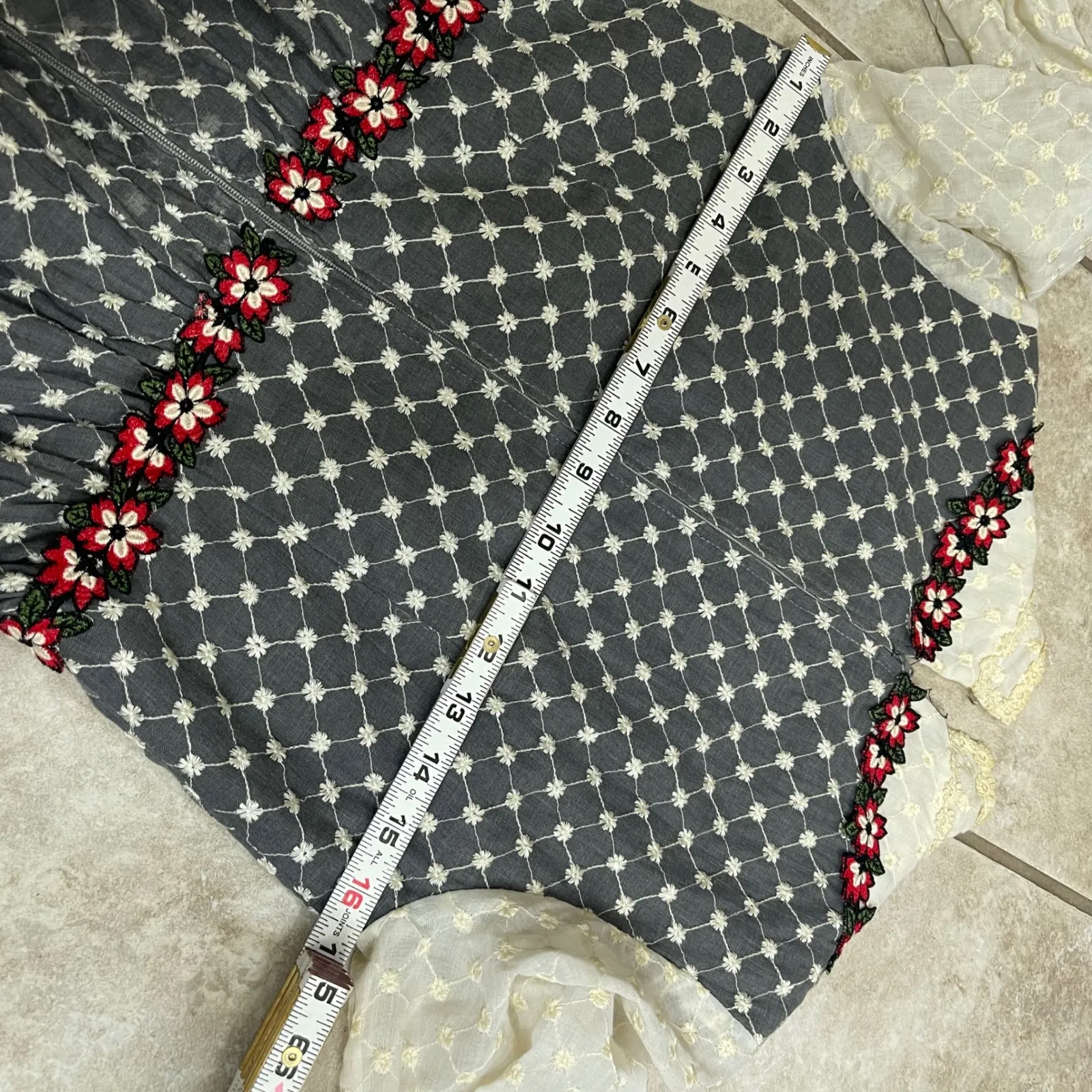 Vtg Floral Embroidered Maxi Dress Mock Neck Lace Ruffle Victorian sm - Image 7