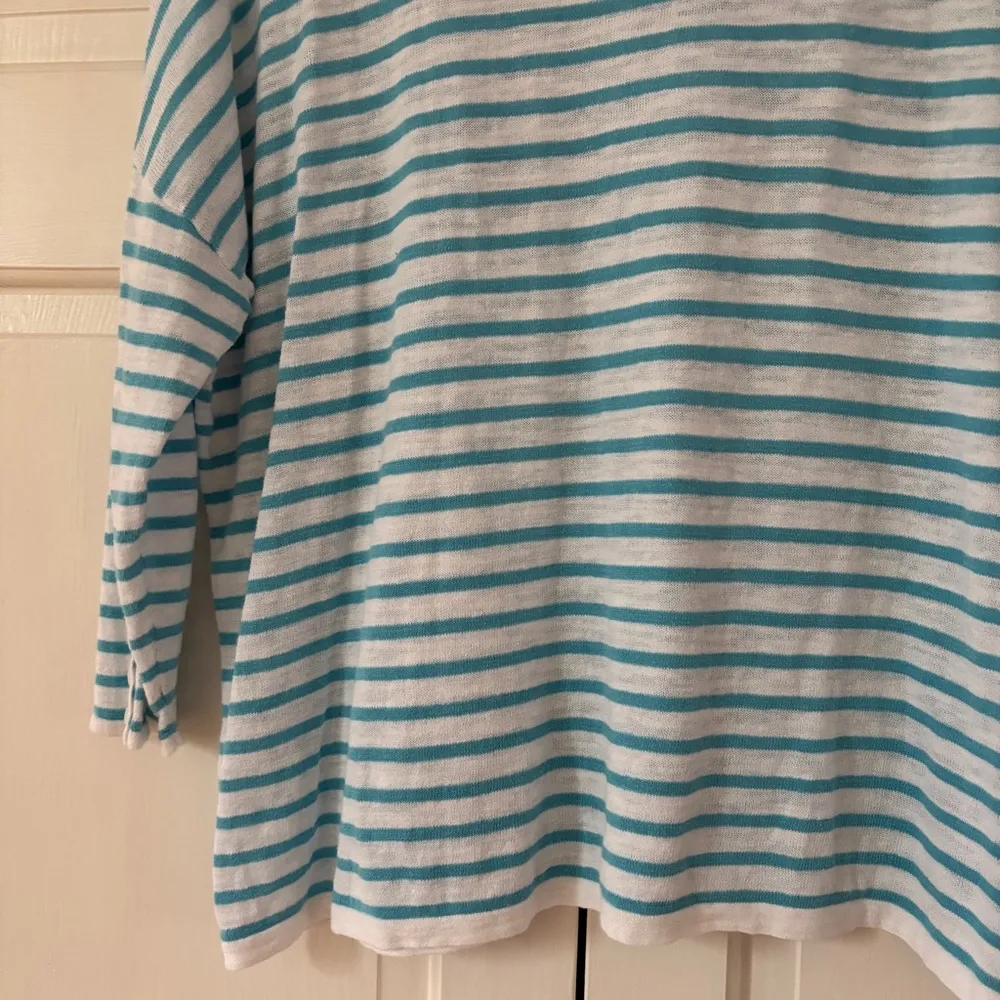 J. Jill Striped Linen Cotton Blend Sweater Aqua Turquoise & White Stripe Size XL - Image 10