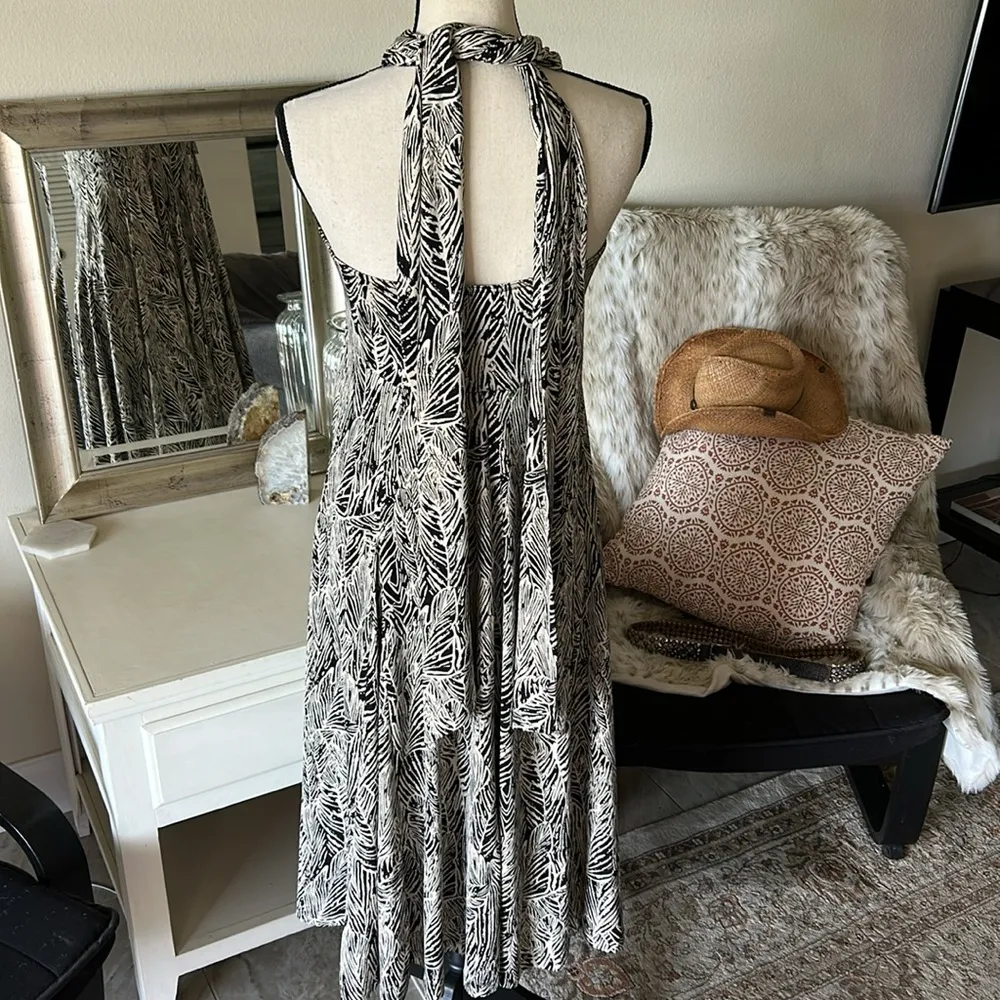 Lapis black cream feather boho print jersey knit maxi skirt halter dress Small - Image 10