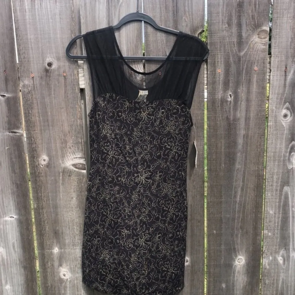 Free People Black Comb Dress Sheer Neckline Metallic Floral Mesh Overlay Size M - Image 4