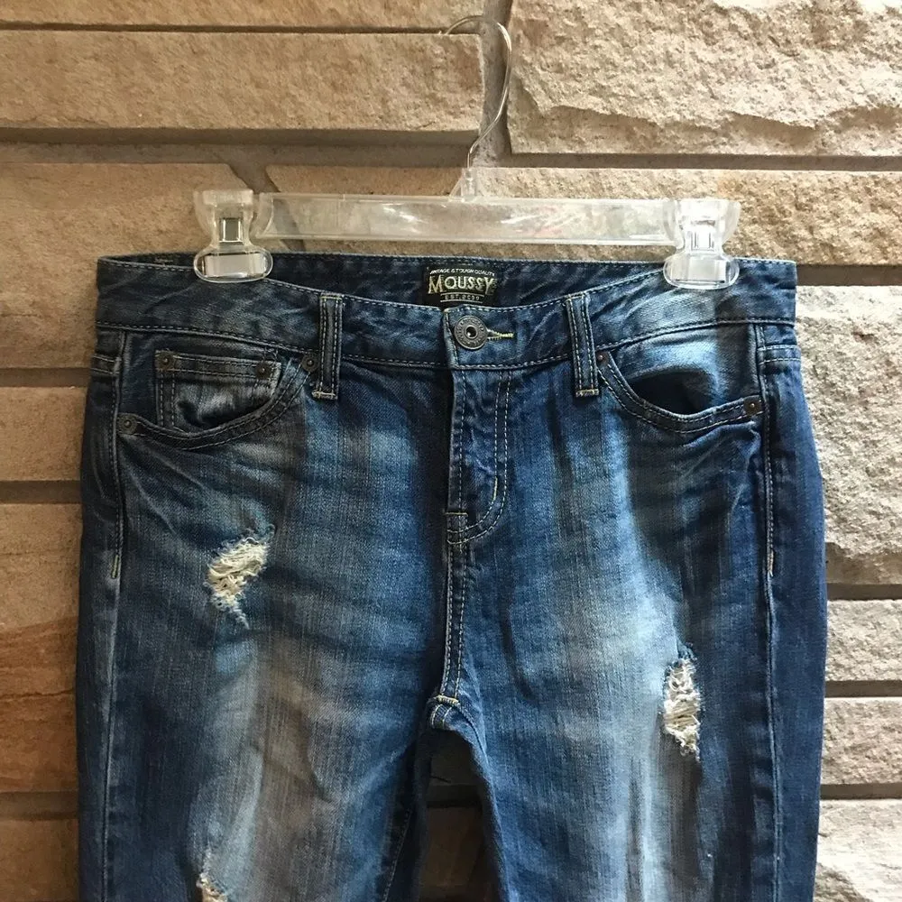 Moussy Vintage Co Distressed Jeans Dark Denim Raw Hem sz 26 Y2k year 2000 Blue - Image 3