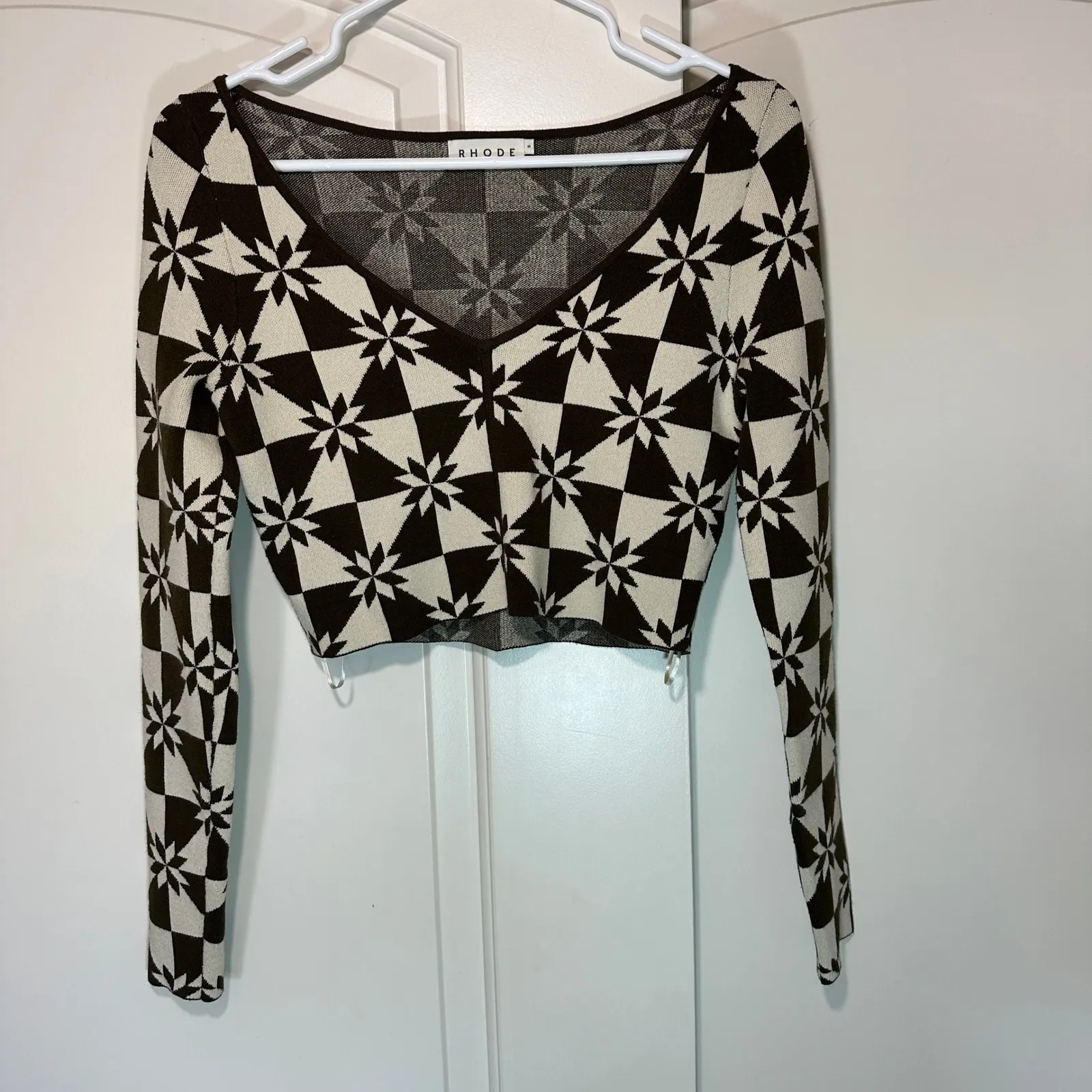 NWOT Rhode Ida Cropped Jacquard Top Brown Cream Flattering Long Sleeve‎ Womens S - Image 2