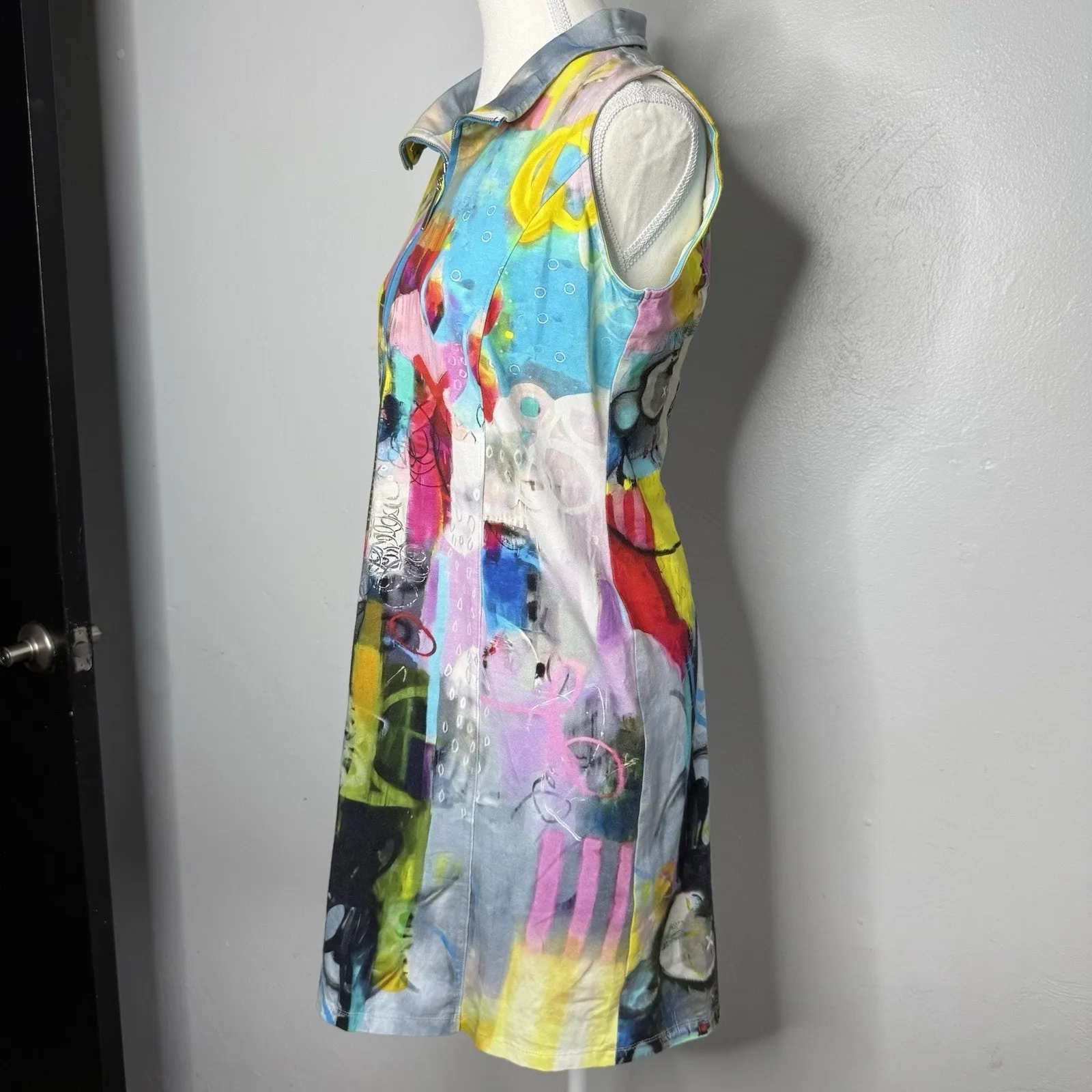 Dolcezza Simply Art Sleeveless Abstract Zip Front Midi Dress Multicolor Size M - Image 3