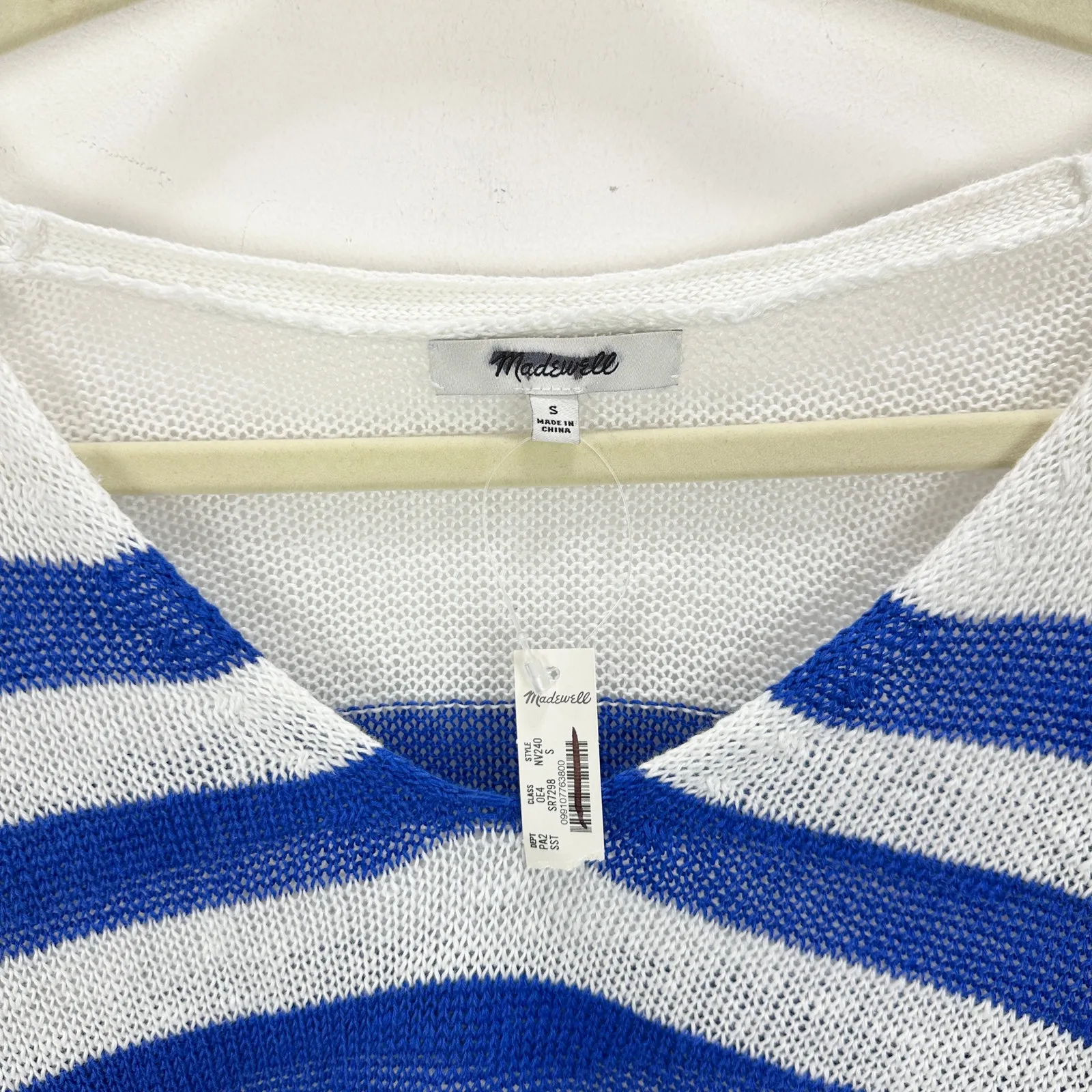 Madewell Linen V Neck Sweater Striped Sapphire Blue Relaxed Nautical Small NWT - Image 8