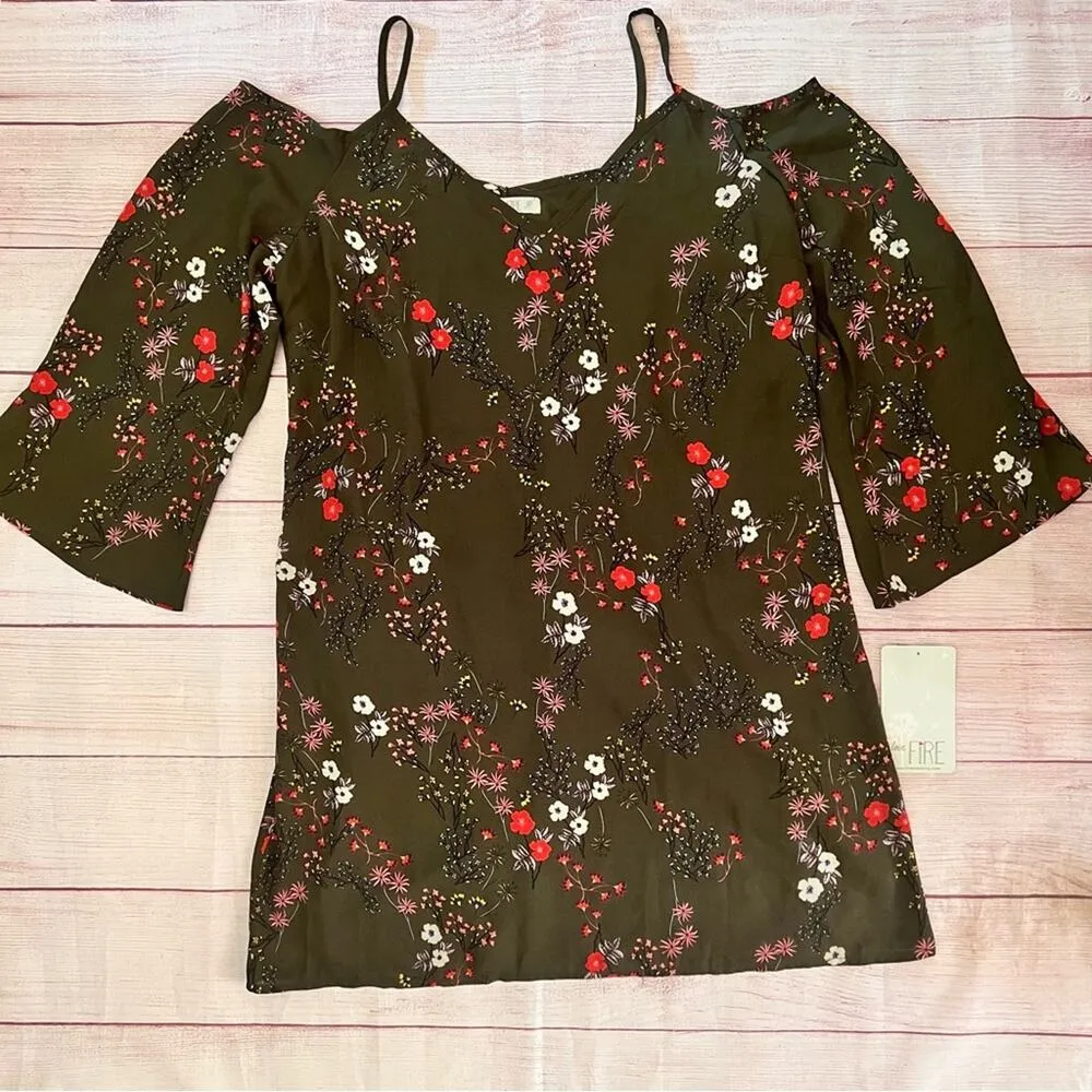 Love Fire Women’s Bell Sleeve Olive Combo Floral Dress Sz L Green Size L - Image 2
