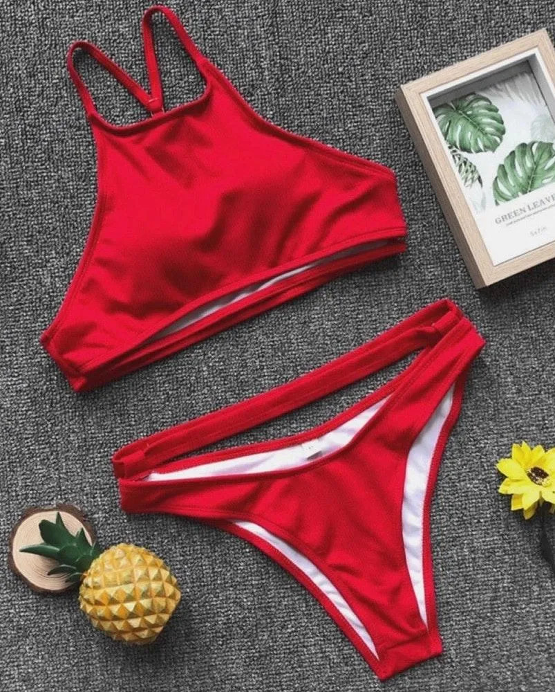 1620 Clearance red ribbed halter bikini swimsuits - Image 4