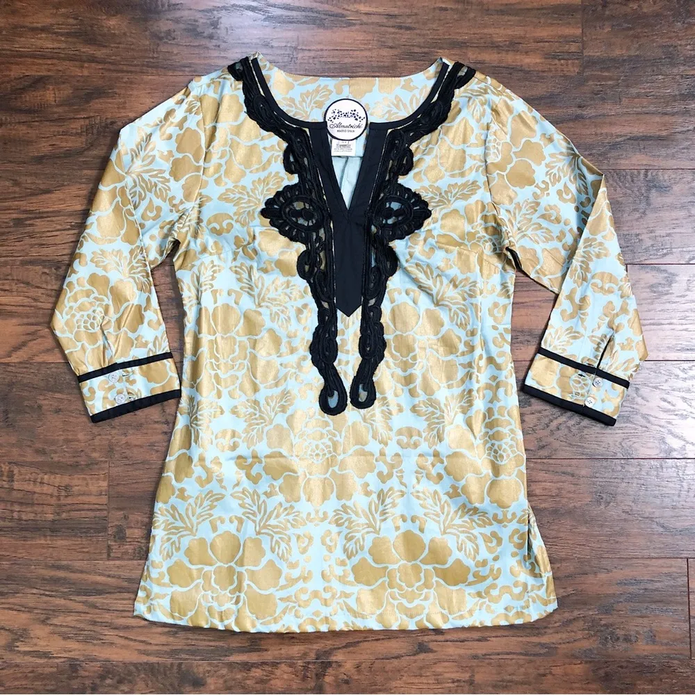 Almatrichi • painted floral tunic blouse teal metallic gold black lace resort Size M - Image 2