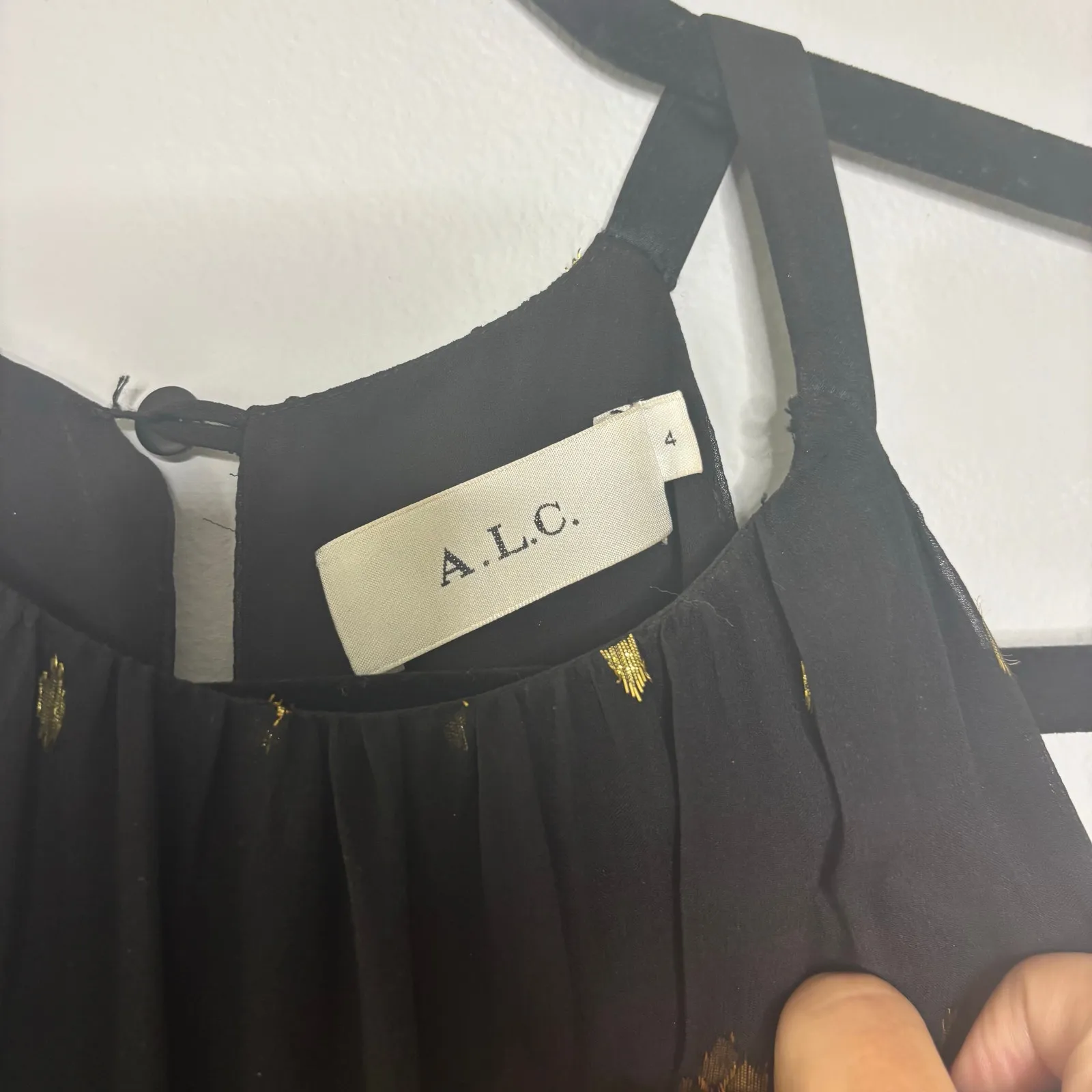 ALC Rosa Sleeveless Fil Coupe Silk Black Ruffle Halter Midi Dress Metallic Gold - Image 9