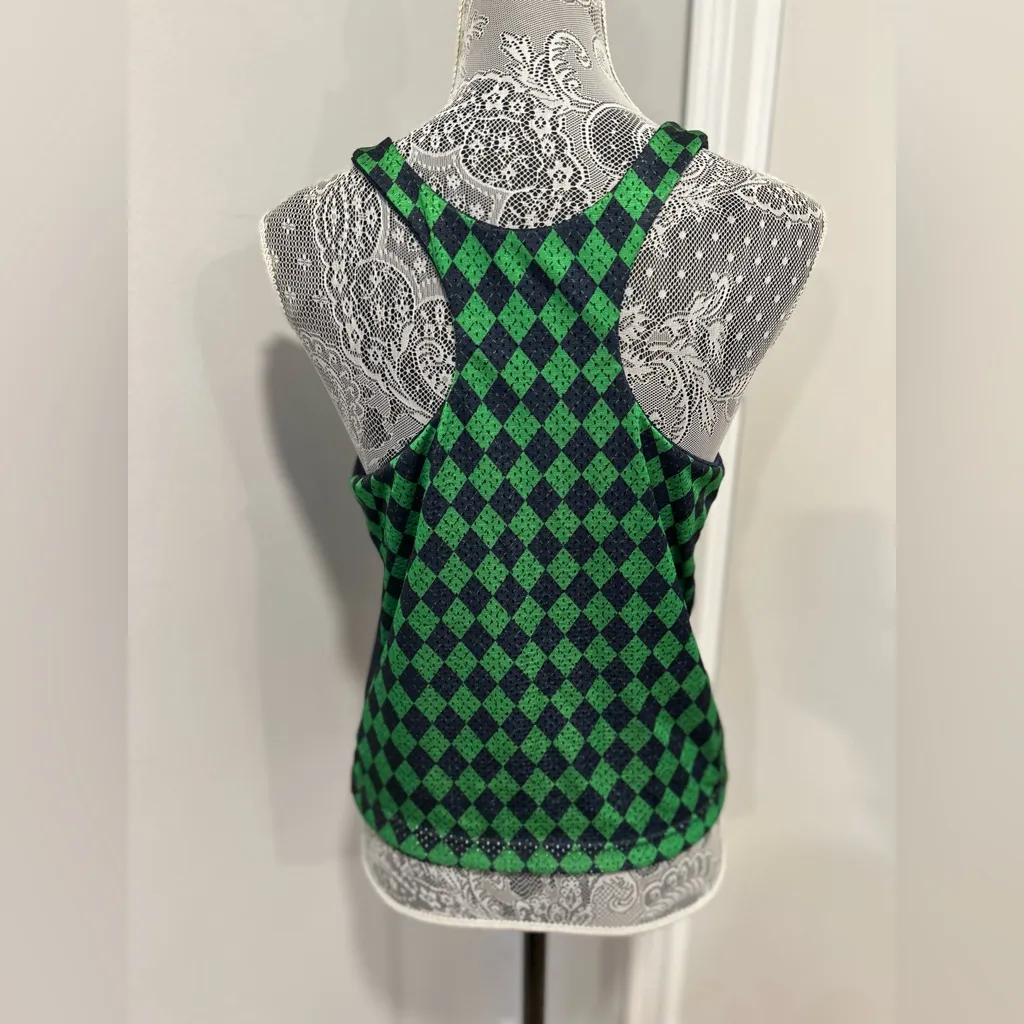 Notre Dame Fighting Irish womens Sz:S Checkered Graphic Logo Racer Back Tank Top Green - Image 2