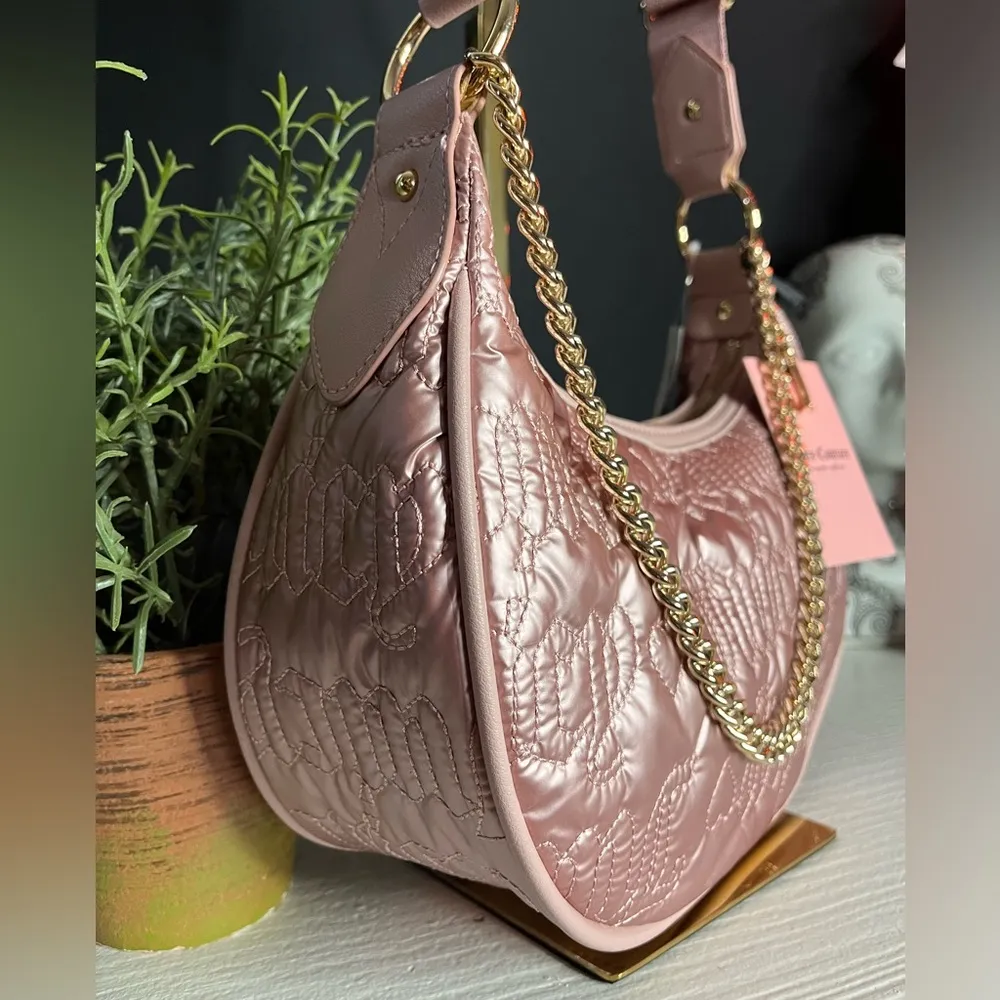 Juicy Couture Dusty Blush Halfmoon Bag NWT Quilted Satin Crossbody w/ Coin Purse - Image 5