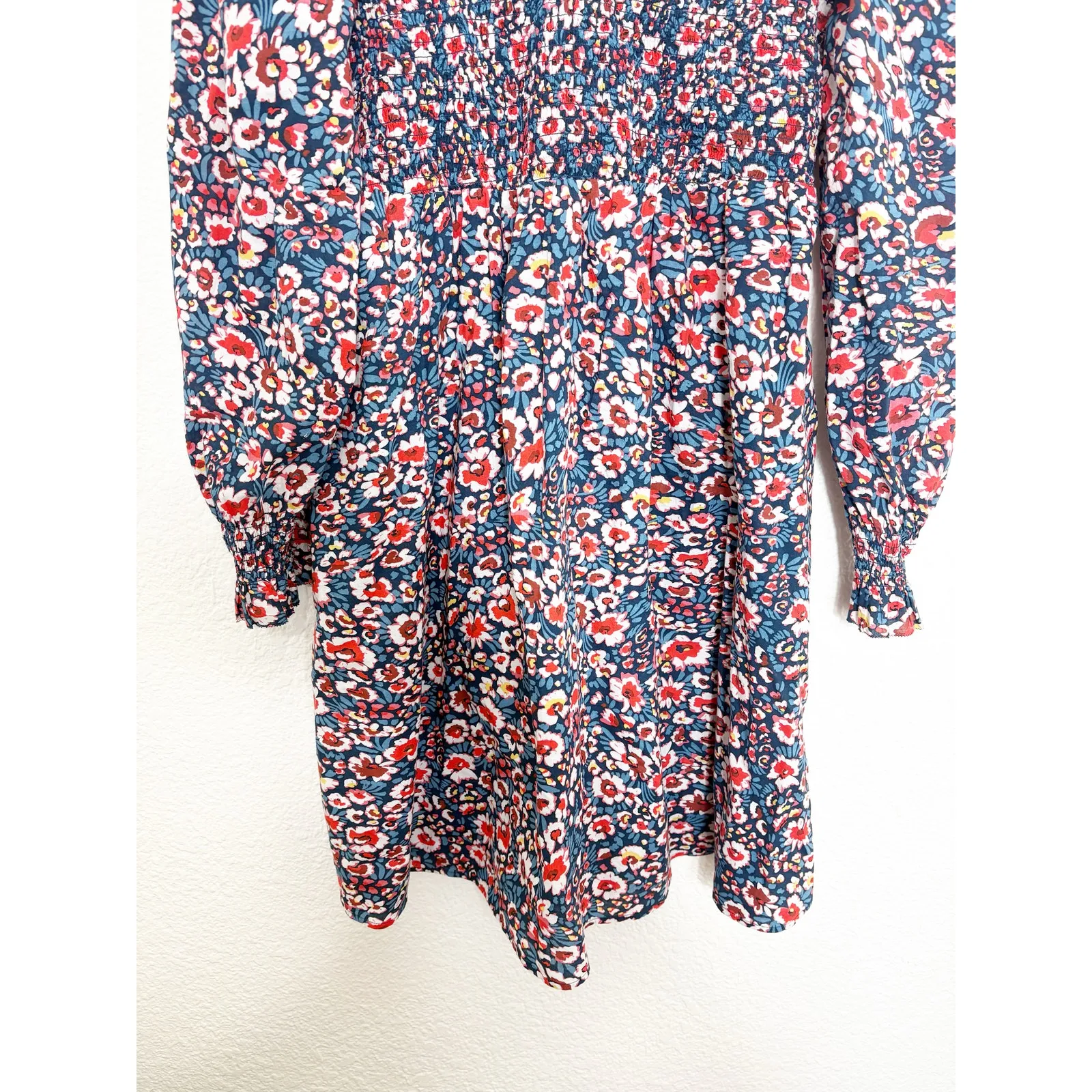 Boden Smocked Bodice Mini Dress Size 12L Blue Floral Long Sleeve Boho Preppy - Image 10