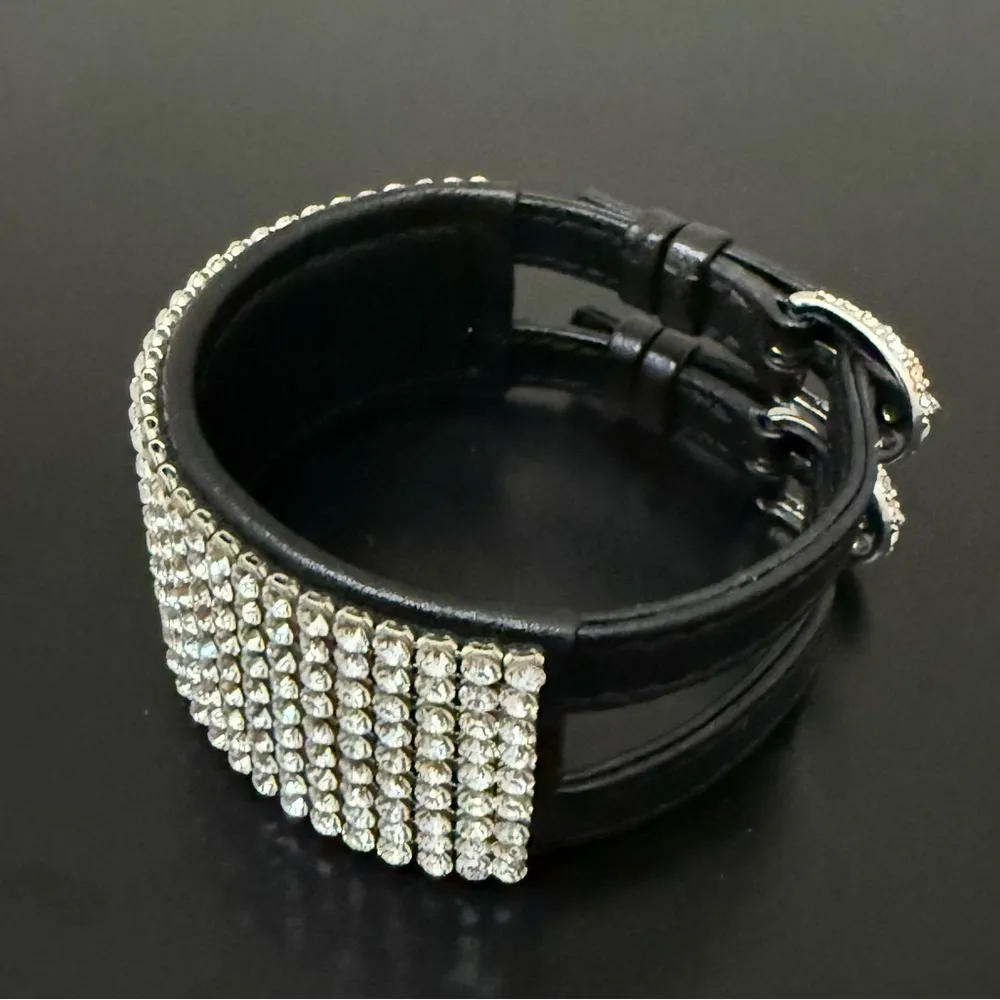 SWAROVSKI Swan Signed Crystal Rhinestones Leather Buckle Wide Cuff Bracelet 24g. - Image 3