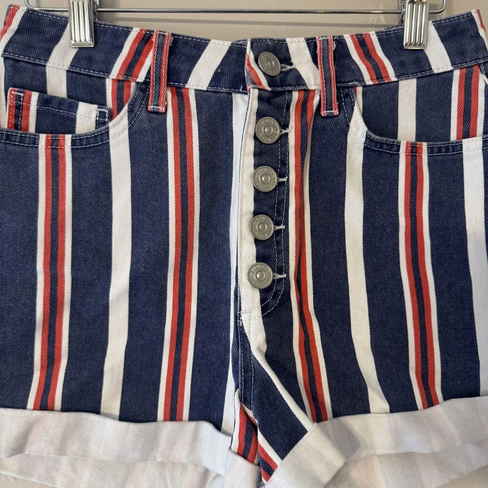 BDG Mom Shorts Womens 27 Red White Blue Striped Denim High Rise Button Fly - Image 3