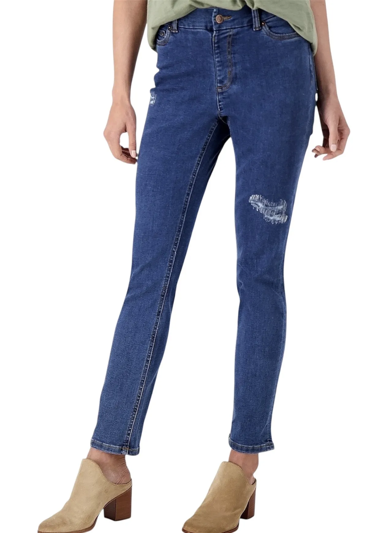 New Denim & Co Distressed Denim Stretch Slim Leg Jeans Medium Wash Size 18WP - Image 1