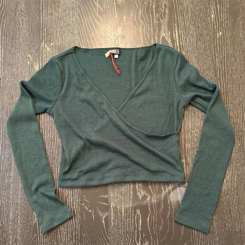 BDG Urban Outfitters Green Surplice Neck Cropped Blouse Long Sleeve Size L - Image 4