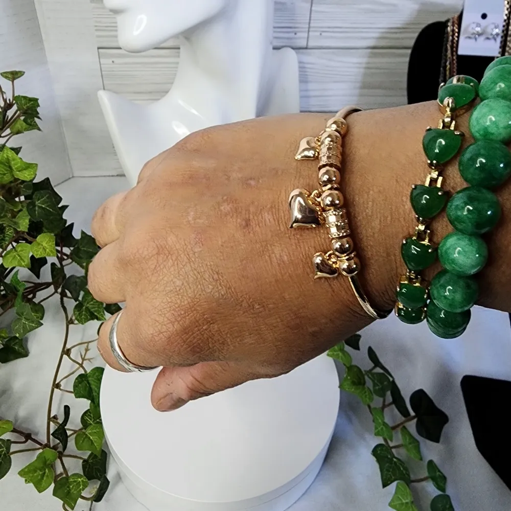 Gold Steel Open Cuff Bracelet with Heart Charms - Image 5