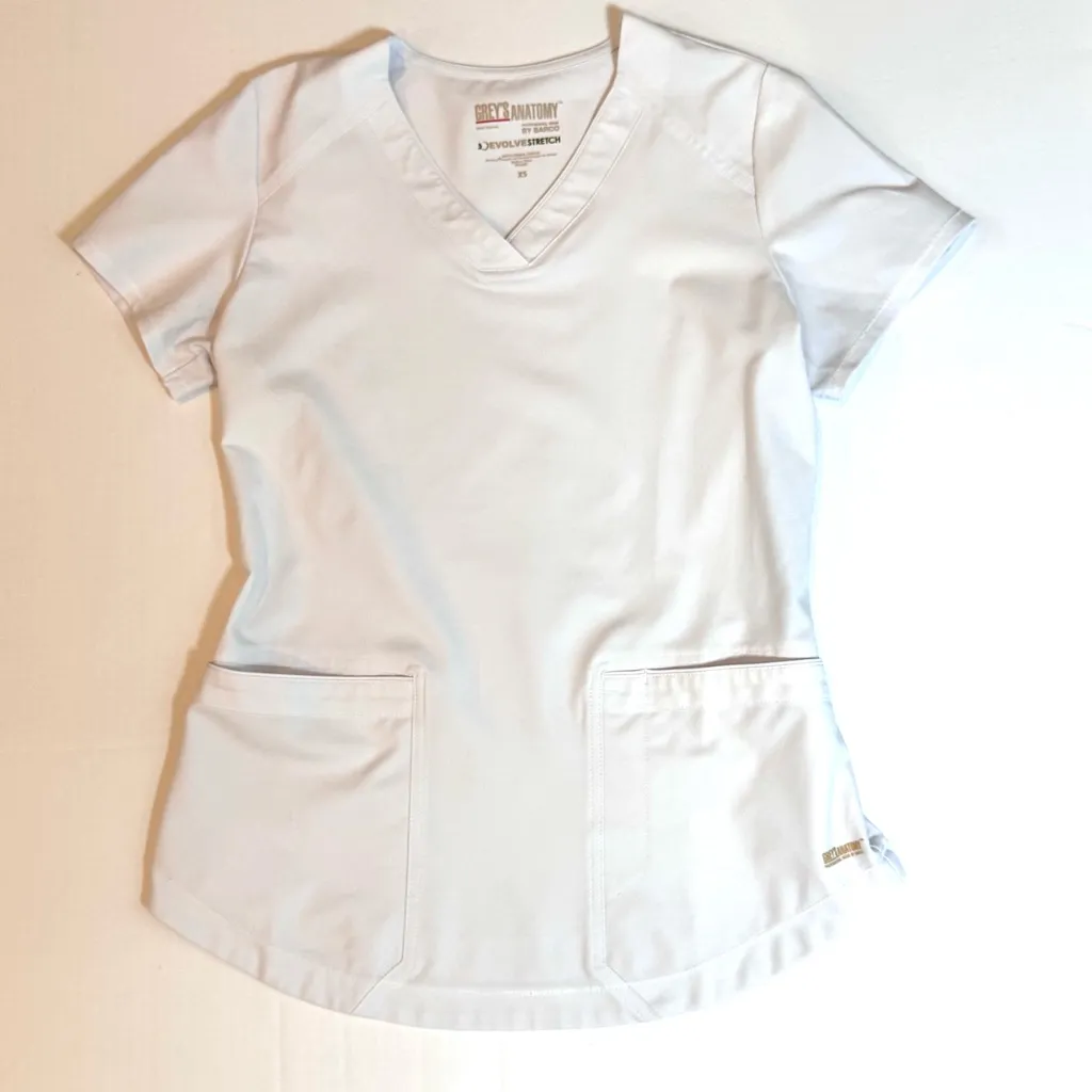 Grey’s Anatomy Barco DevolveStretch Scrub Top XS White V-Neck Stretch - Image 2