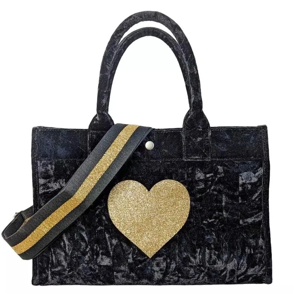 NWT Quilted Koala Crushed Velvet Midi East West Bag w/ Gold Glitter Heart Strap Black - Image 2