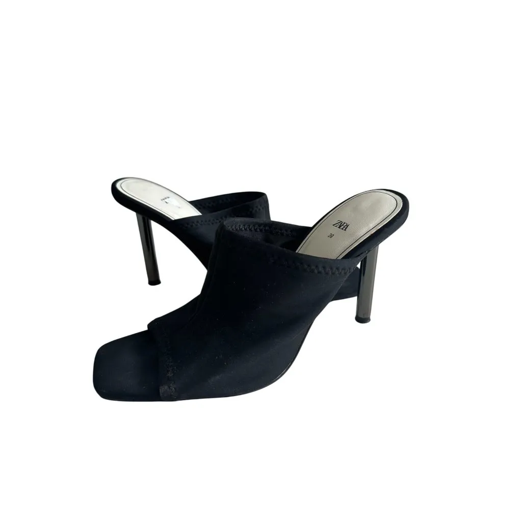 ZARA Black Stretch Sandals Heels Size 7.5 / 38 - Image 2