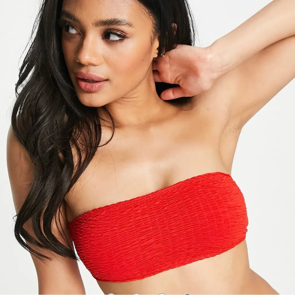 NWT Missguided Red Crinkle Lattice Textured Bandeau Bikini Top Size 8 Swim Beach - Image 1