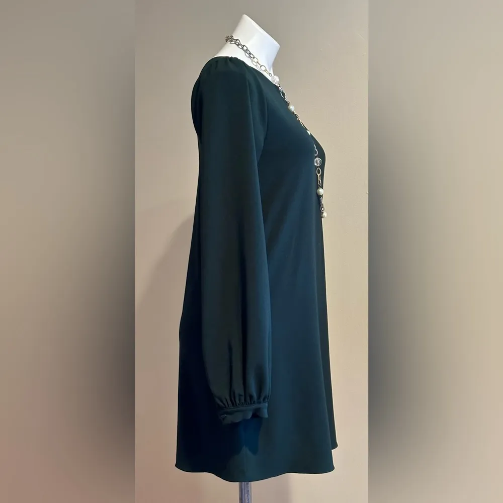 - LuLus Dark Green Mini Shift Dress Long Sleeves With Gold Buttons SZ S - Image 4