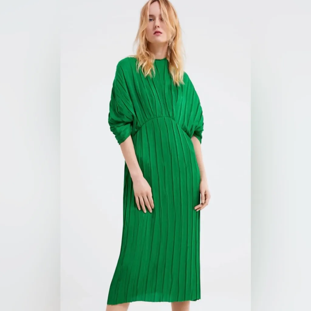 ZARA Green Pleated Satin Midi Dress Balloon Sleeves RARE Bloggers Fav Size‎ XS - Image 6