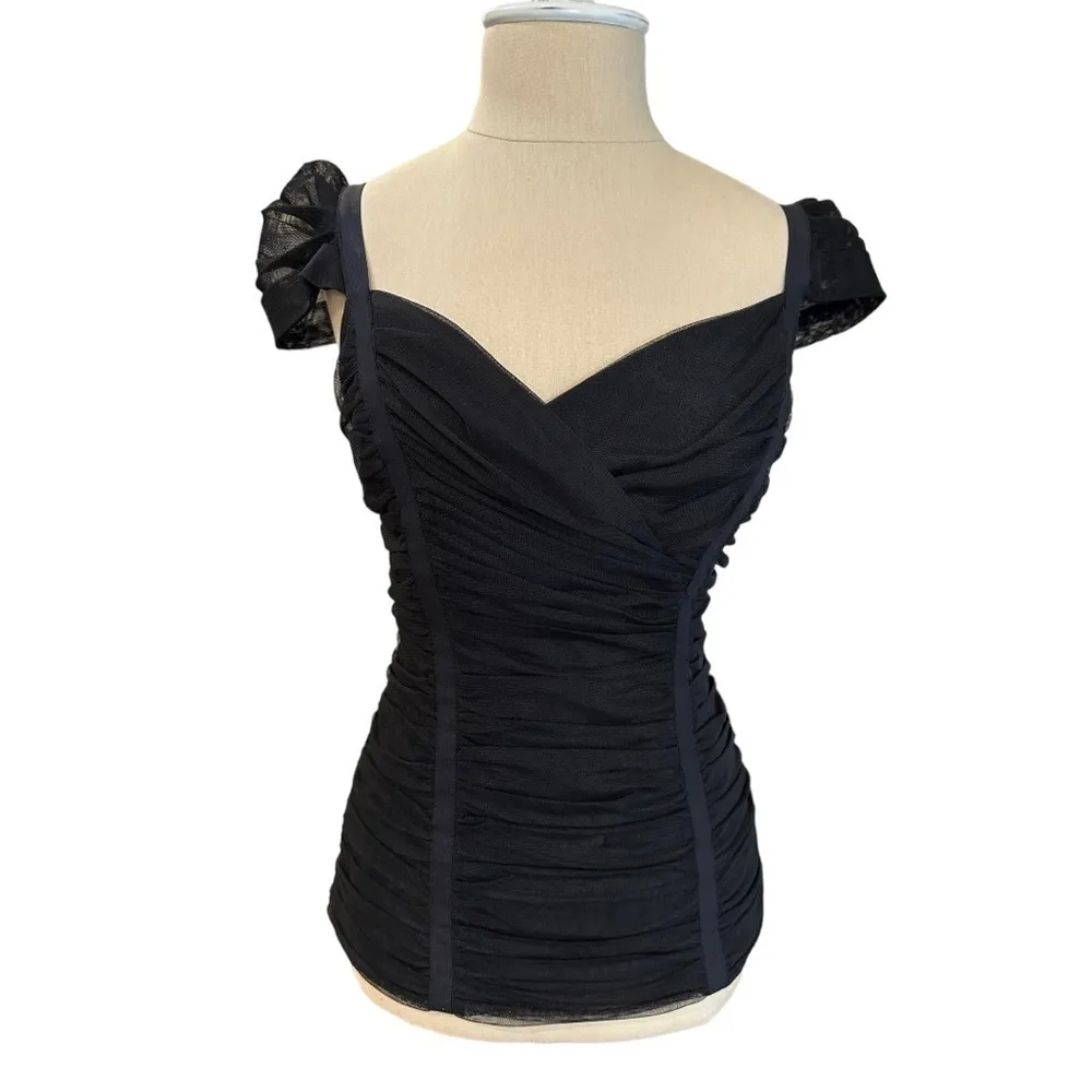 BCBG Criss Cross Sweetheart Neck Bodycon Capped Sleeve Mesh Black Size Small Top - Image 3