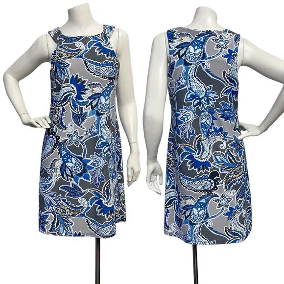 ARYEH Gray and Blue Paisley Sleeveless Short Shift Dress Size Small Artsy Modern - Image 2