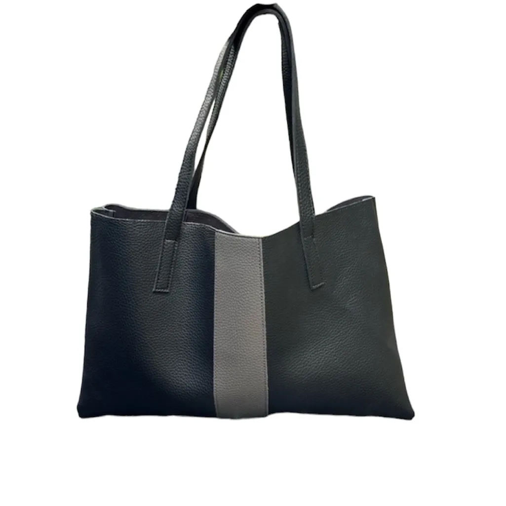 Vince Camuto Luck Tote Vegan Leather in Black with Gray Block Stripe on Front - Image 2