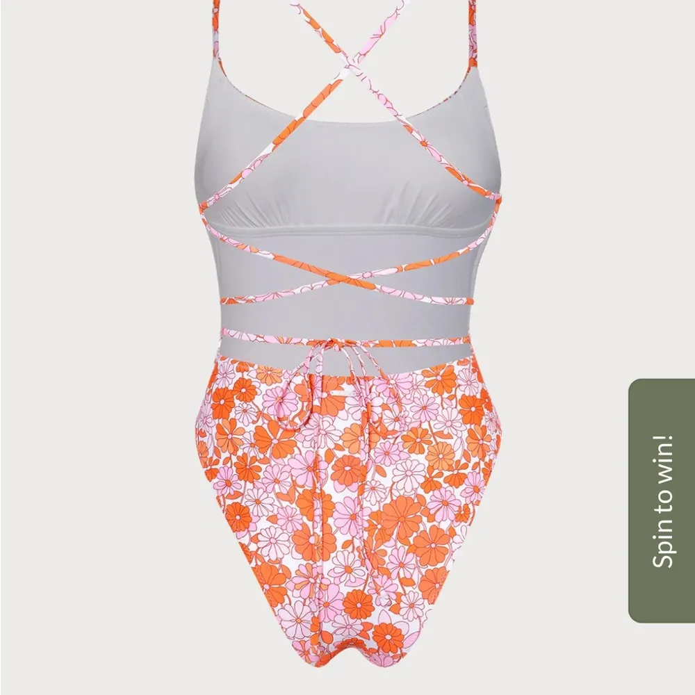 Berlook Orange Floral Backless Tie One - Image 6
