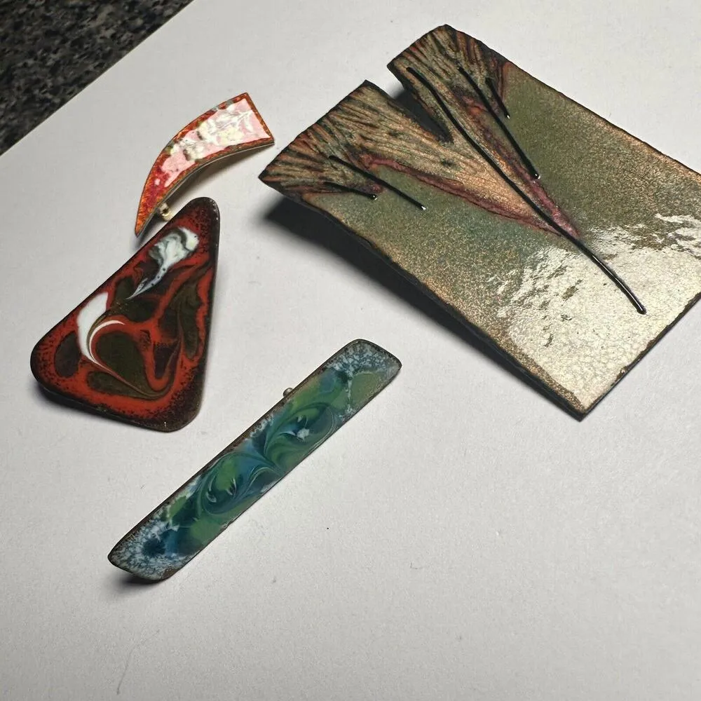 Handcrafted Enamel Brooch Pin Lot Of 4 Enameled Metal Hand Made - Image 3