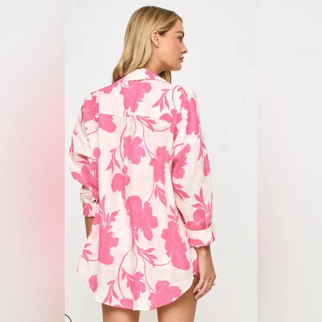 L*Space $158 Rio Tunic Linen Button Down Long Sleeve Blouse Pink Floral Resort - Image 2