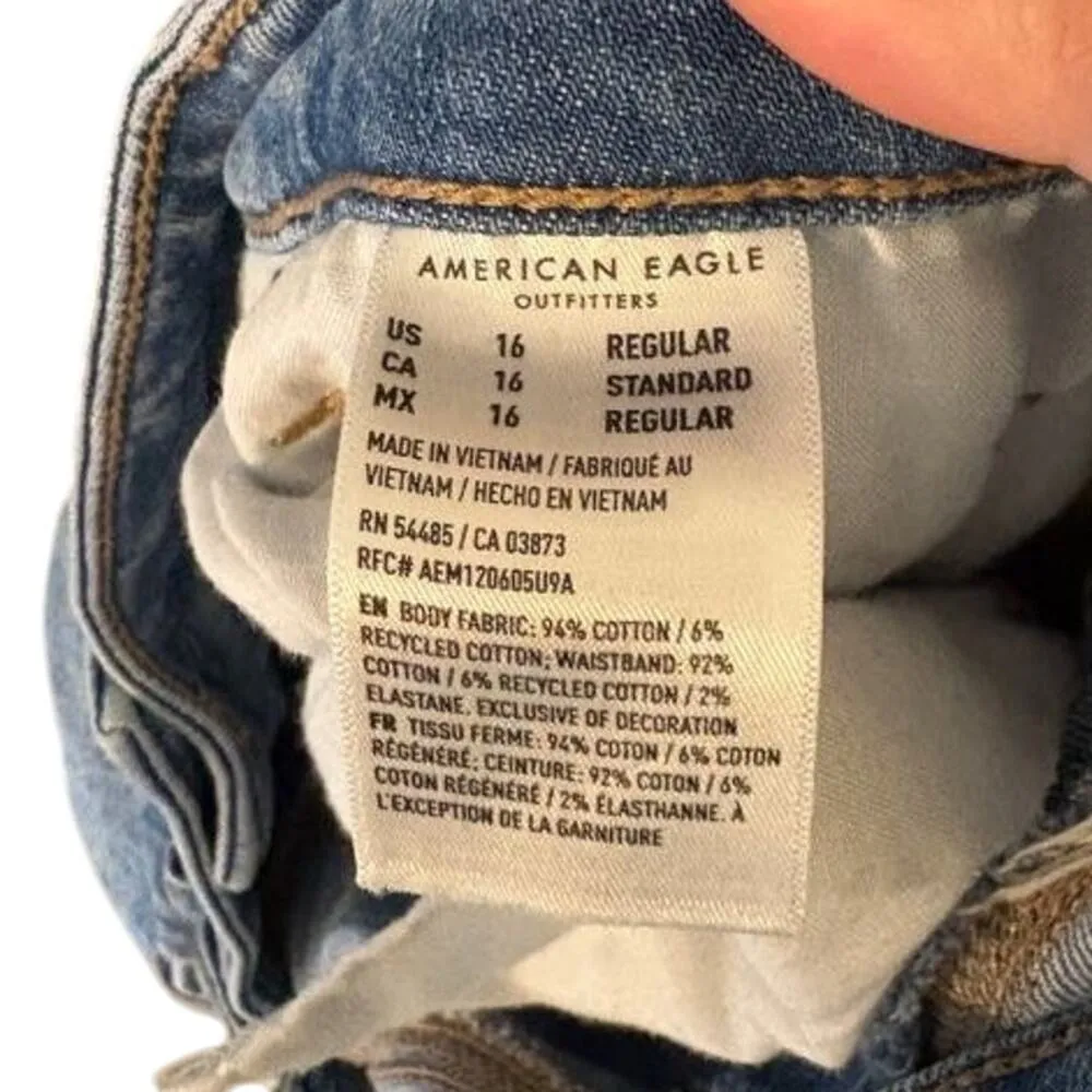 American Eagle High Waisted Mom Jeans Tapered Leg Distressed Blue Denim Size 16R - Image 8