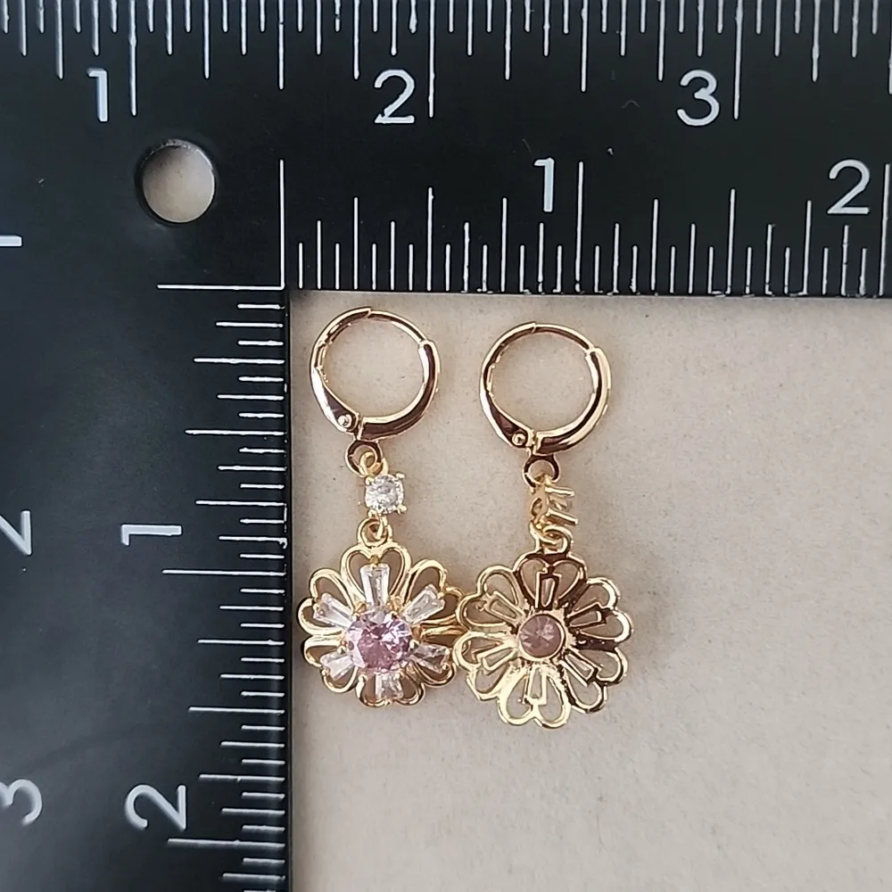 Gold Flower Huggie Hoop Earrings with Pink and Clear Crystal Stones - Image 4