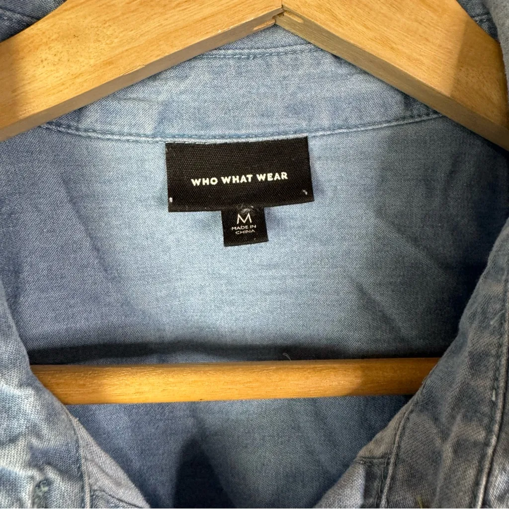 Who What Wear Blue Chambray Ruffle Button Down Short Sleeve M - Image 4