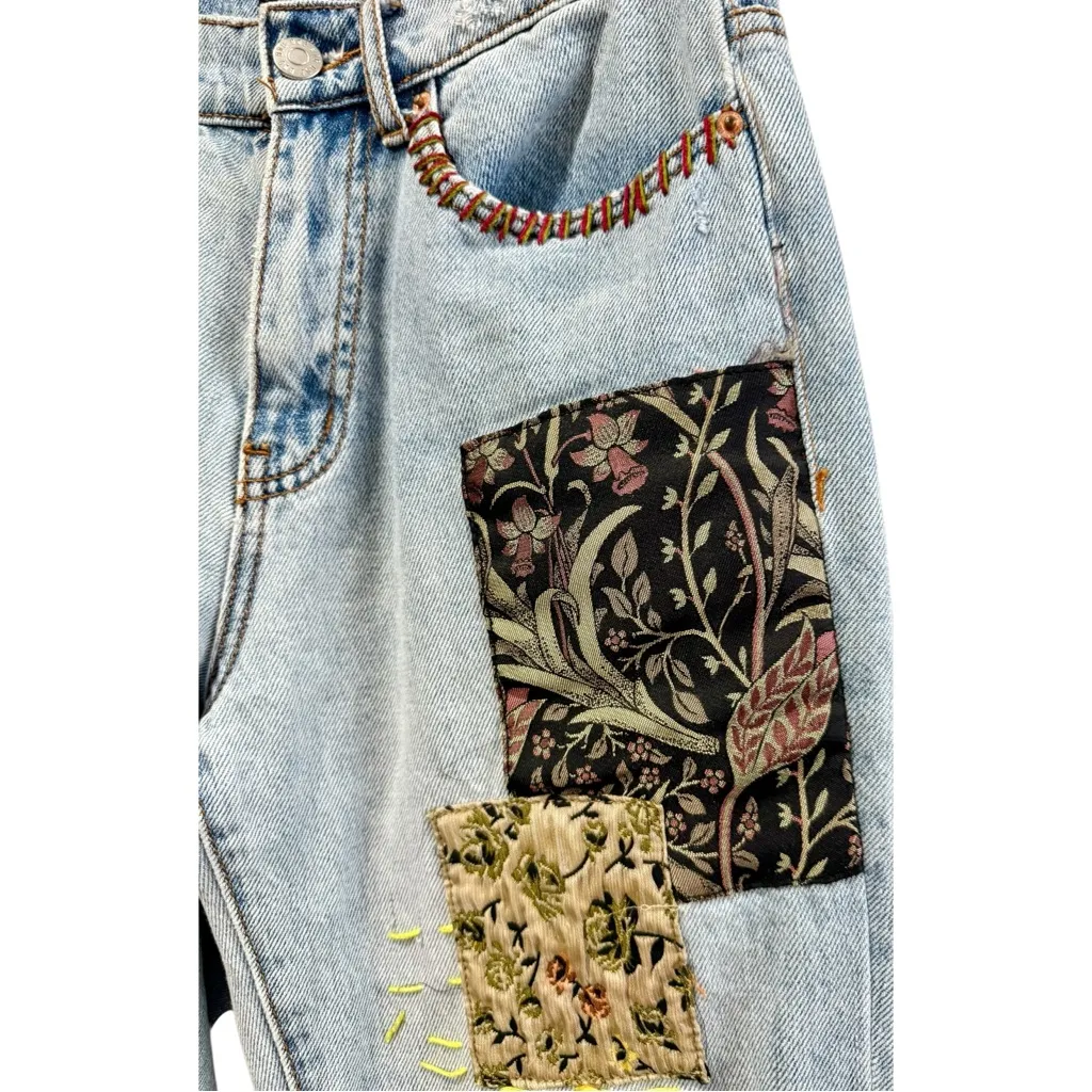BDG High Waisted Cowboy Jeans Printed Patchwork Distressed Boho  Straight Leg 26 - Image 7