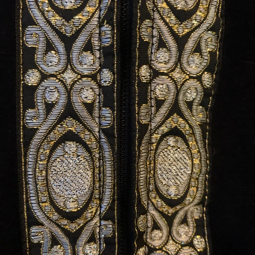 Vintage Saybury Black Velour robe Dress S Small Metallic Gold Ribbon Zipper - Image 4