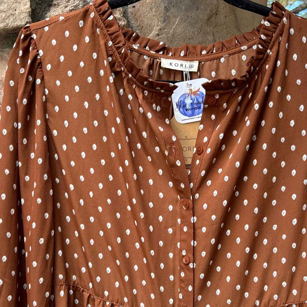 NEW! S Kori Brown Polka Dot Tiered Midi Dress Ruffle Hem High Neck Button Front - Image 7