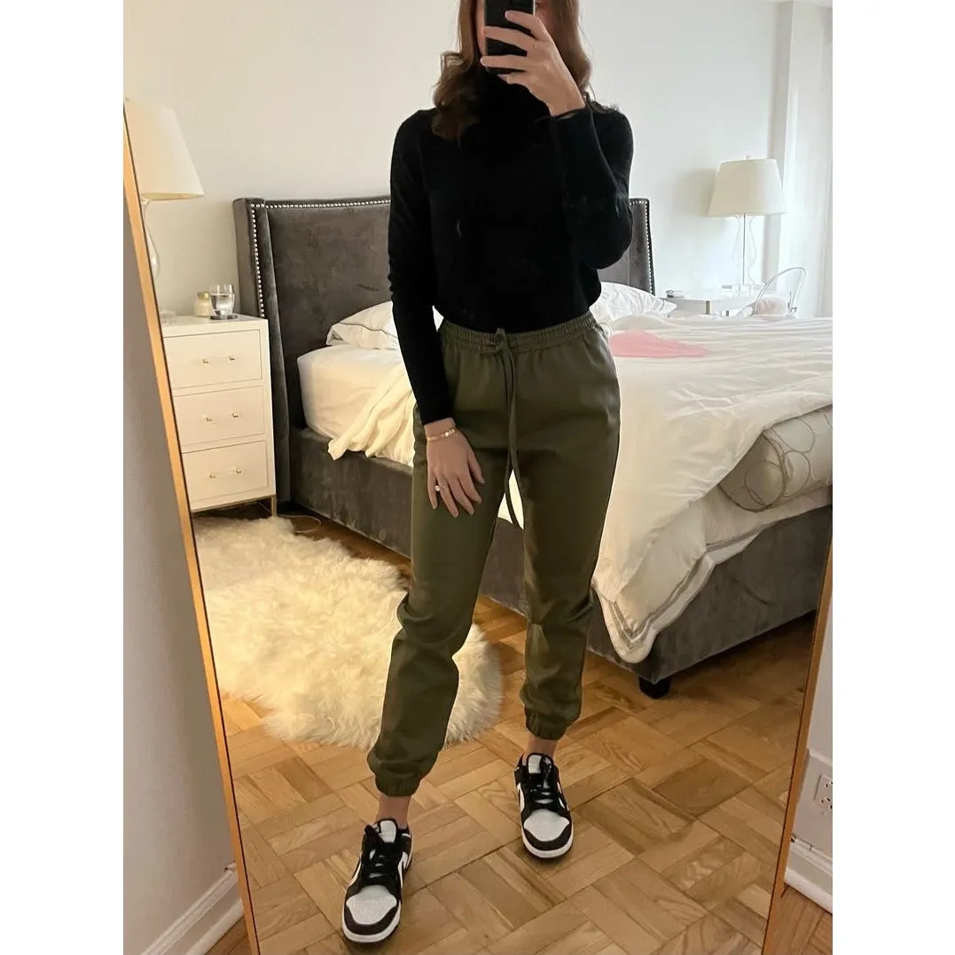 NATORI Olive Faux Lambskin Elastic Drawstring Side Pockets Slim Silhouette sz L - Image 4