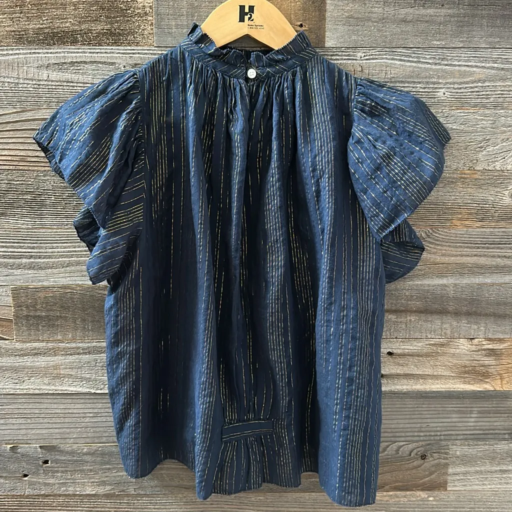 Trovata Birds of Paradise Carla High Neck Navy Gold Metallic Pleated Top Size XS Blue - Image 6