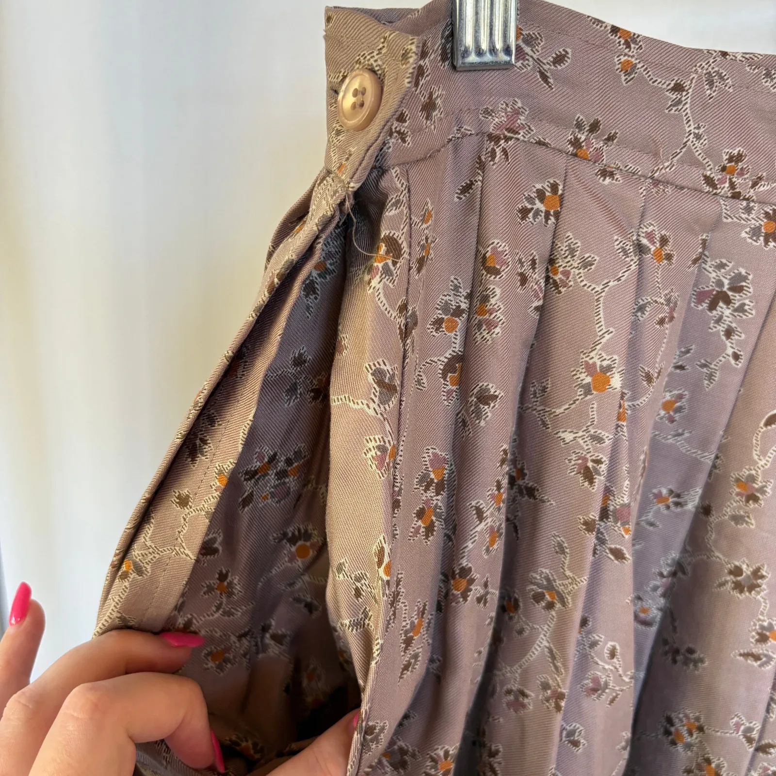 Vintage Floral Prairie Midi Skirt Fall Pleated Neutral Beige Teacher Size 10 Tan - Image 7