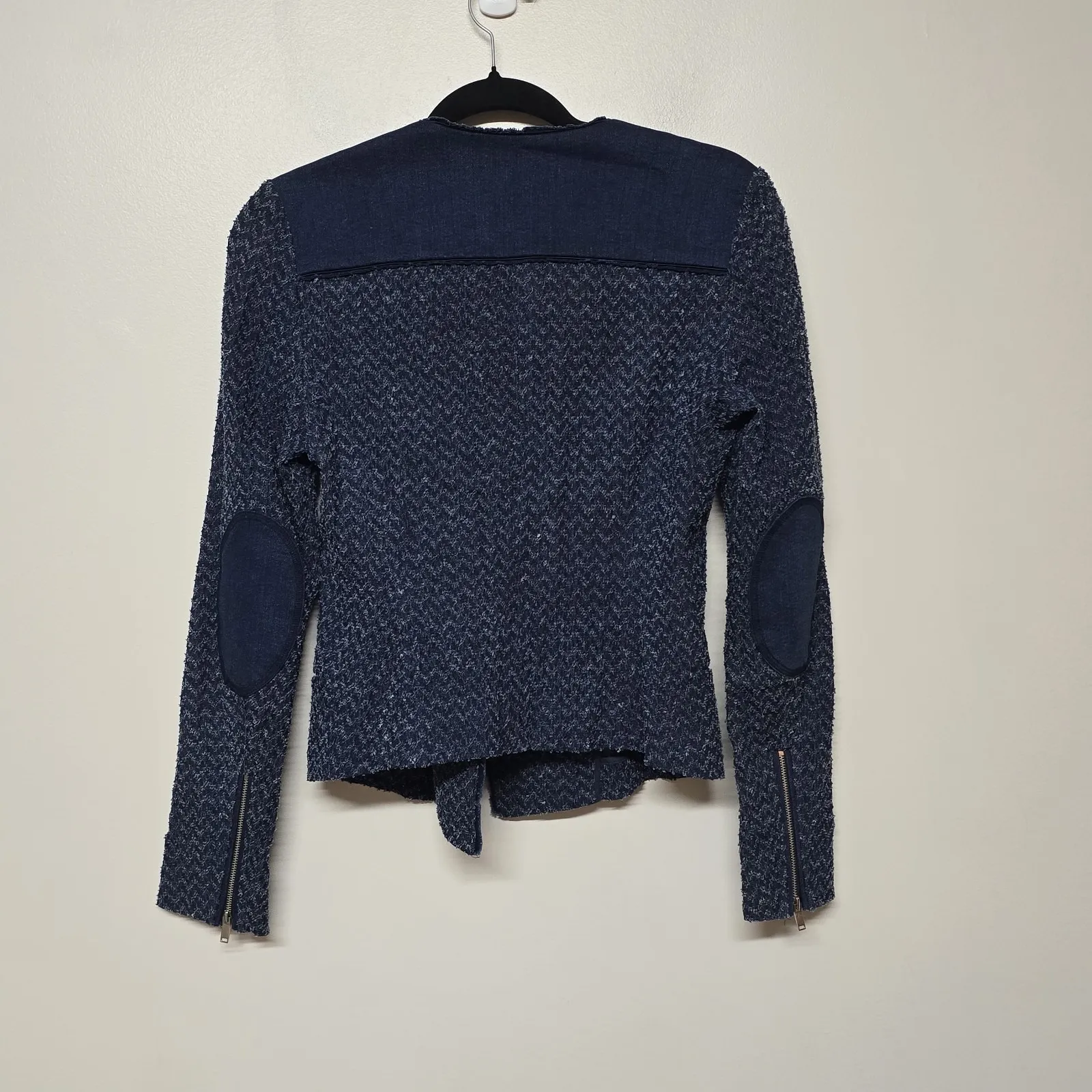 Maje Womens Blue Full Zip Tweed Cotton Knit Jacket Blazer Size 1/S‎ Elbow Patch - Image 5