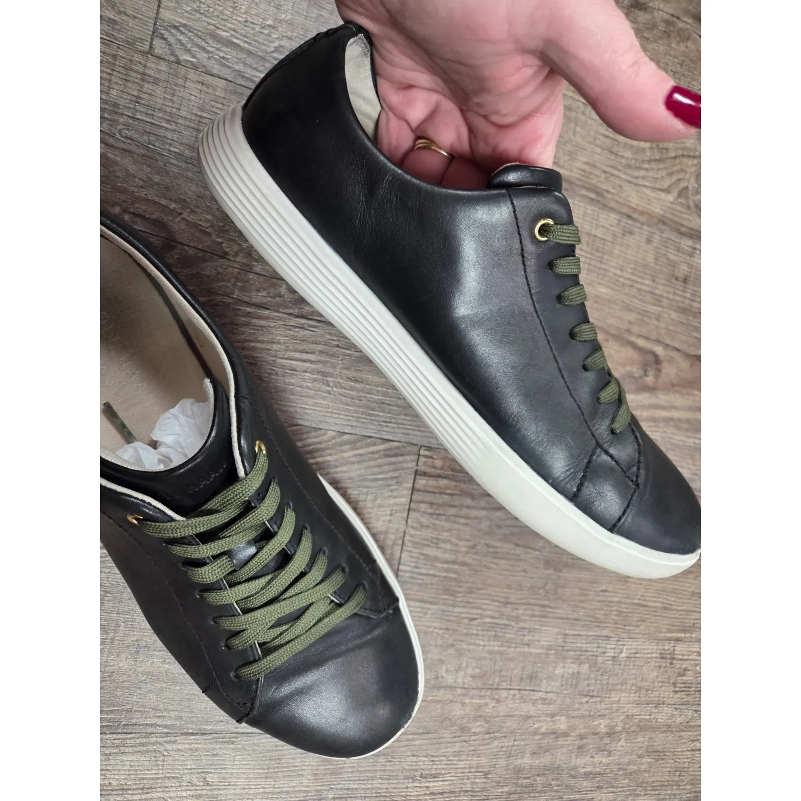 Cole Haan Women's 9B Grand Crosscourt Sneakers Shoes Black Leather Green Laces - Image 8