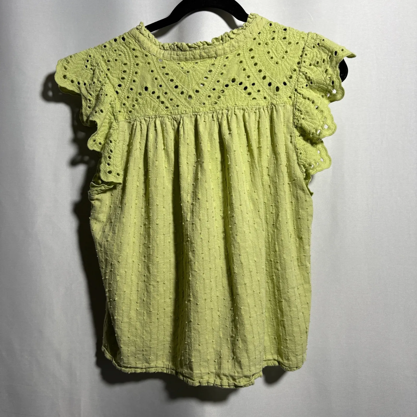 Design History Green Eyelet Ruffle Sleeve Women L Blouse Boho Romantic Swiss Dot - Image 2