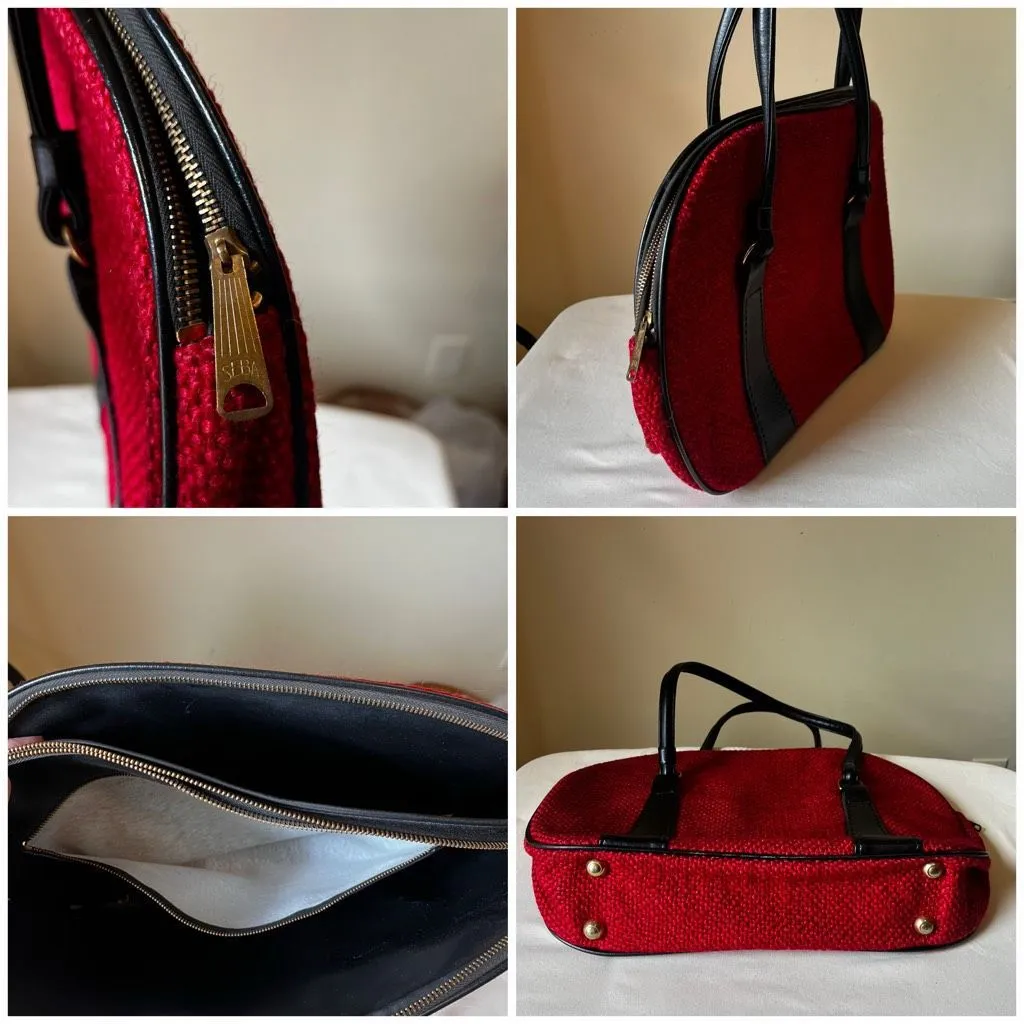 Vintage 70s Red Tweed Structured Mod Handbag Black Vinyl Trim Brass‎ Zipper - Image 7