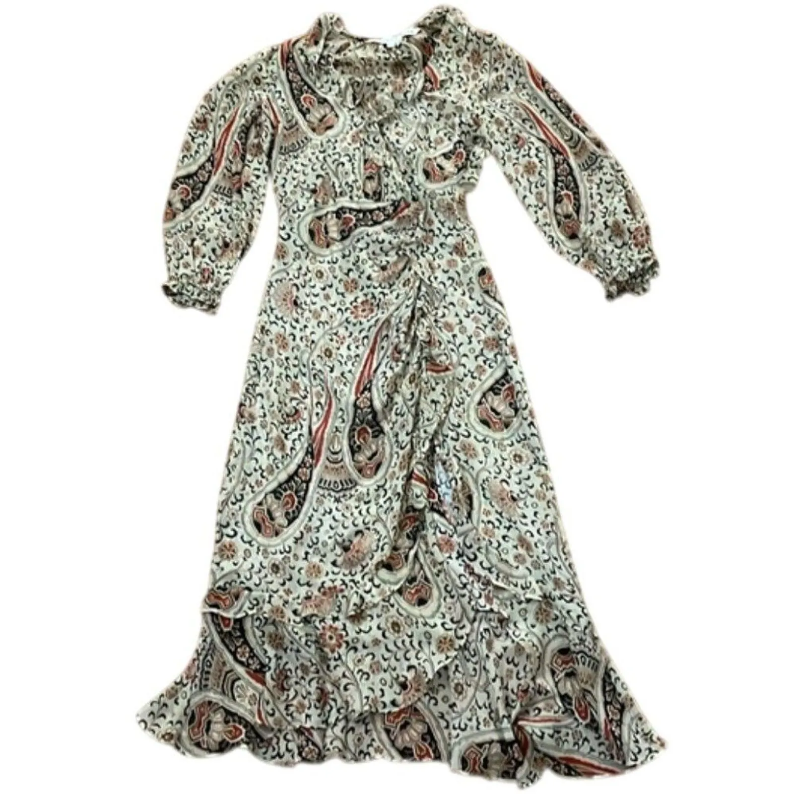 Veronica Beard Beige Derby Paisley Silk Midi Dress Womens Size 00 Ruffles - Image 4