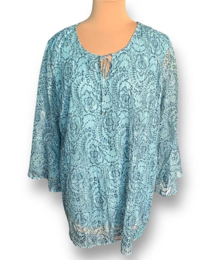 Catherines Blue Floral Lace Bell Sleeves Open Keyhole Neckline Pullover Blouse Size 3X - Image 9