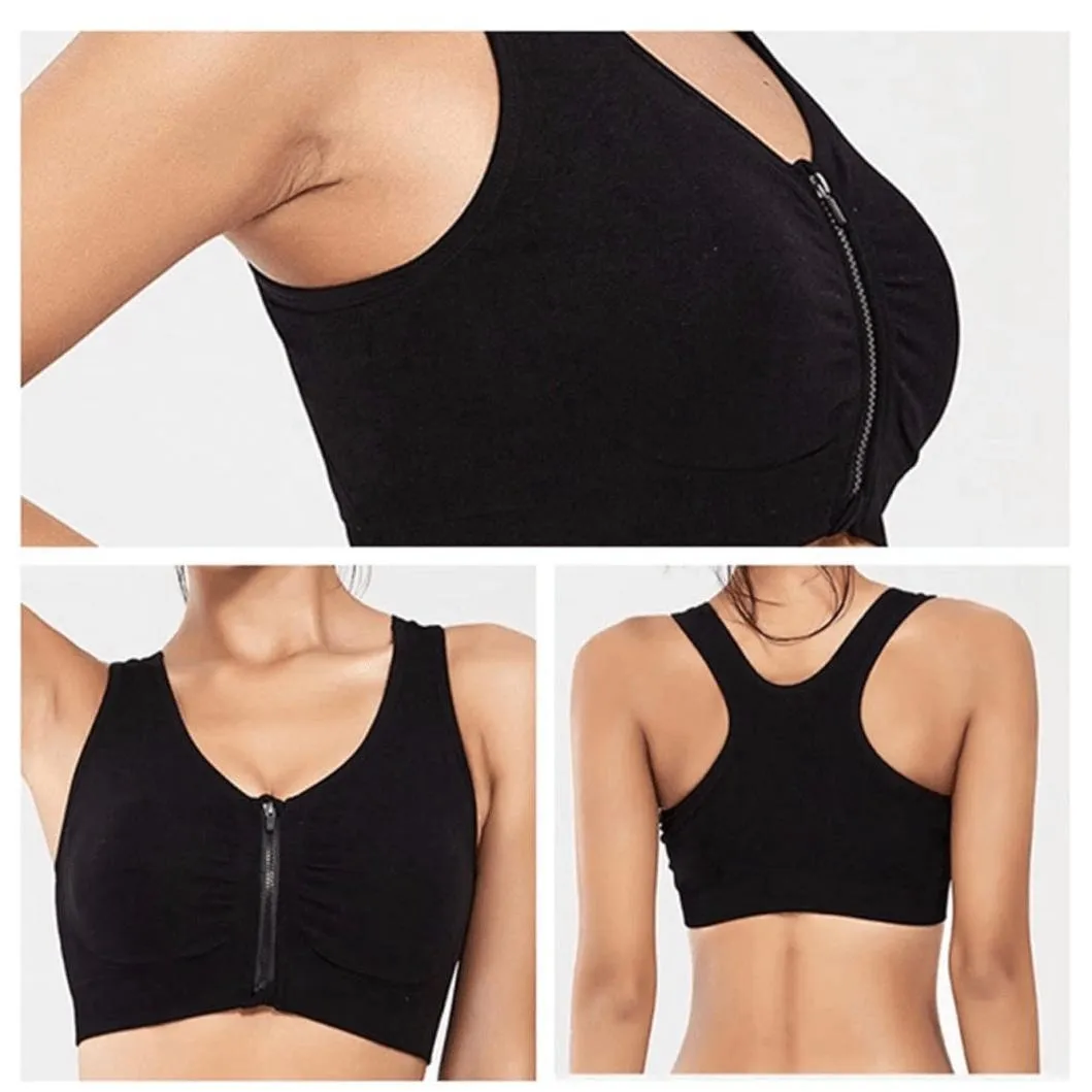 Women's Sports Bra Black Zipper Front Wirefree Post - Image 3